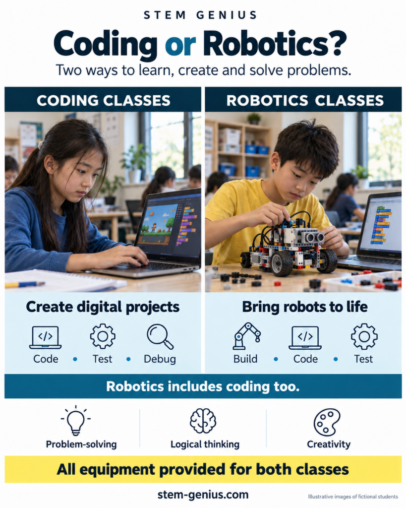 Coding creates digital projects; robotics combines building and coding physical robots. Both develop problem-solving, logical thinking and creativity. All equipment provided. Illustrative fictional students.